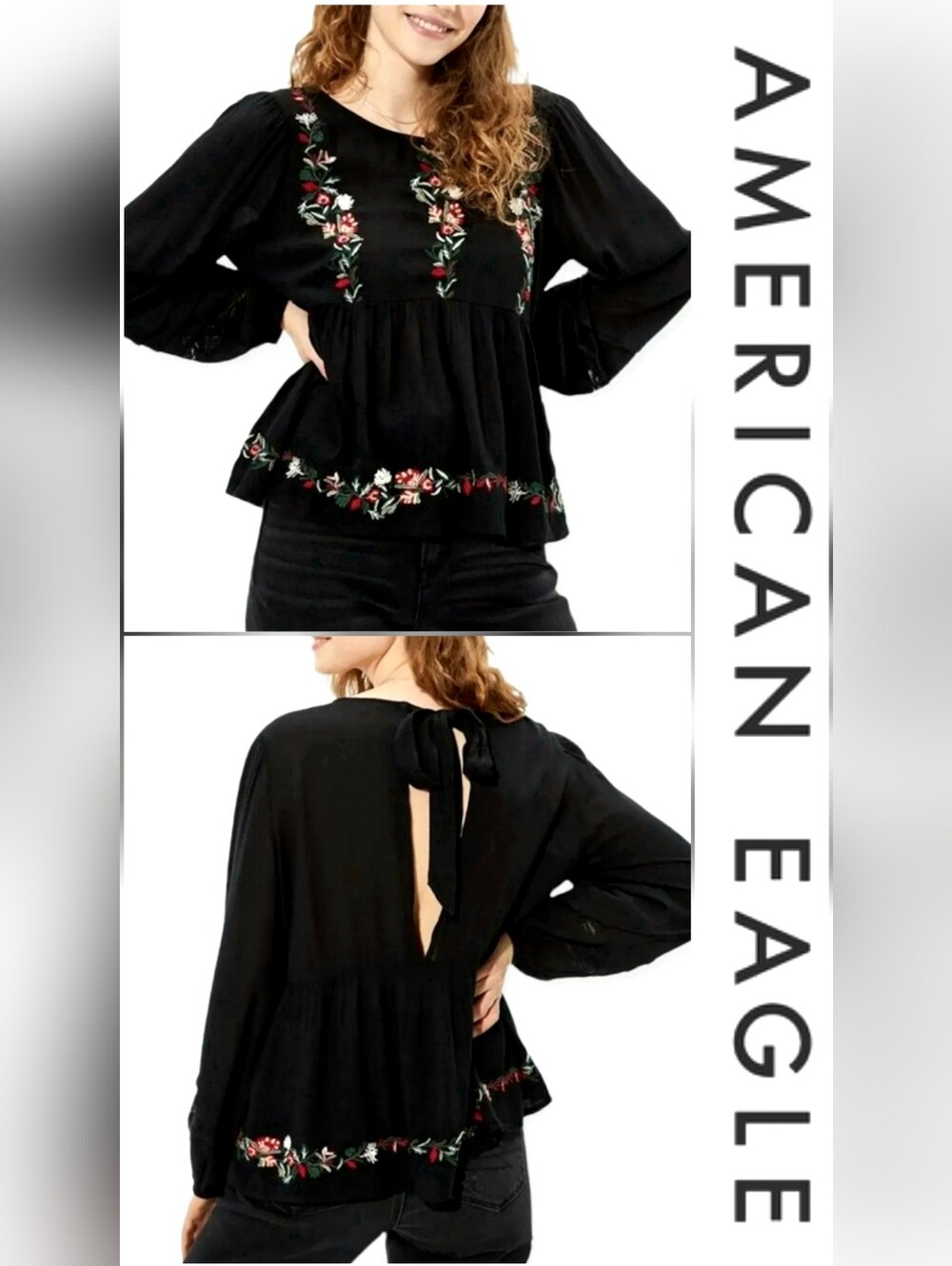 American Eagle Outfitters Black Floral Embroidered Tie-Back Peasant Blouse